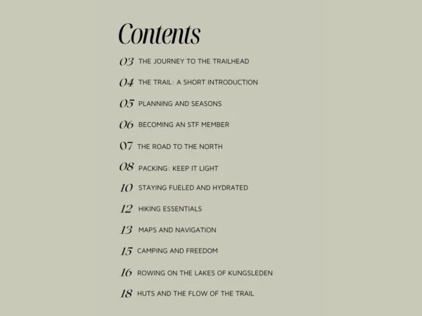 Table of contents from the Kungsleden Trail Guide