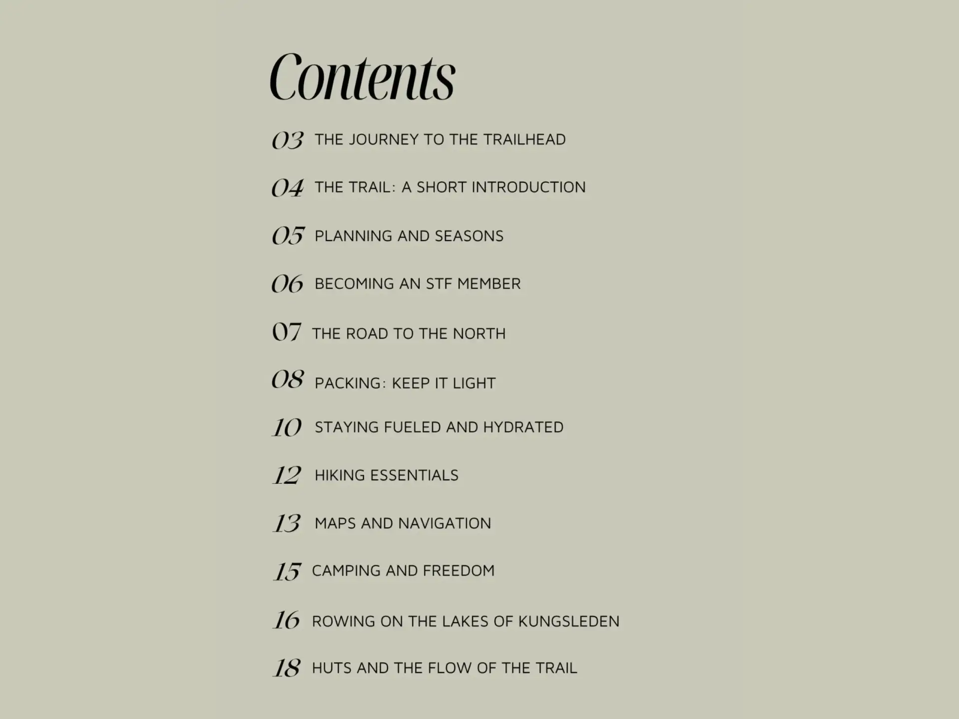 Table of contents page from the Kungsleden Trail Guide, listing chapters on planning, packing, huts and rowing sections