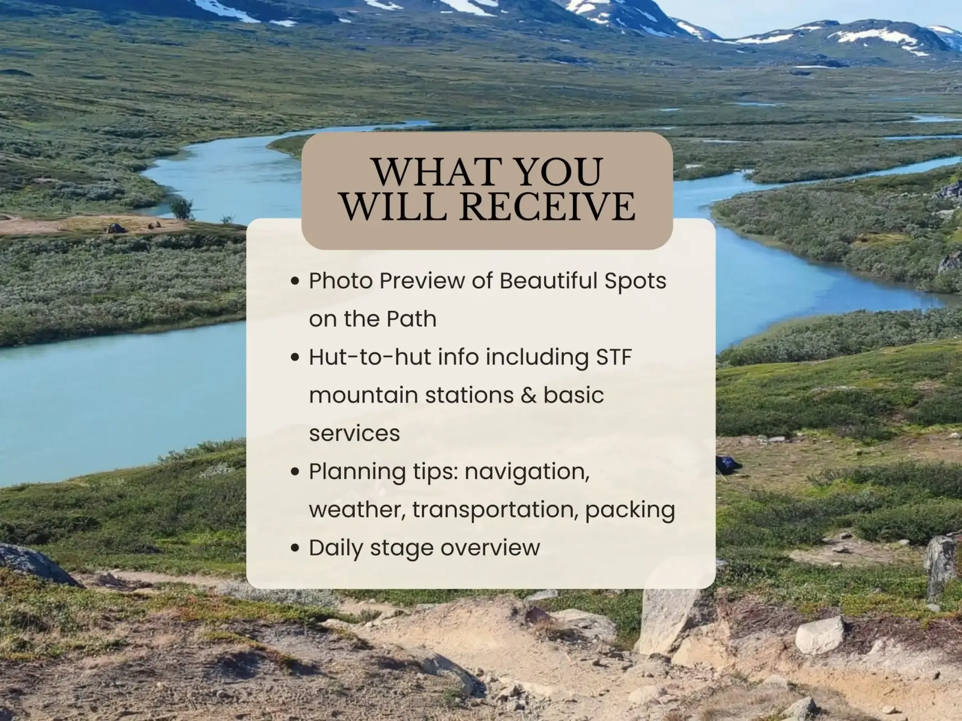 Infographic listing what the Kungsleden Trail Guide includes, over a photo of a Swedish Lapland river valley